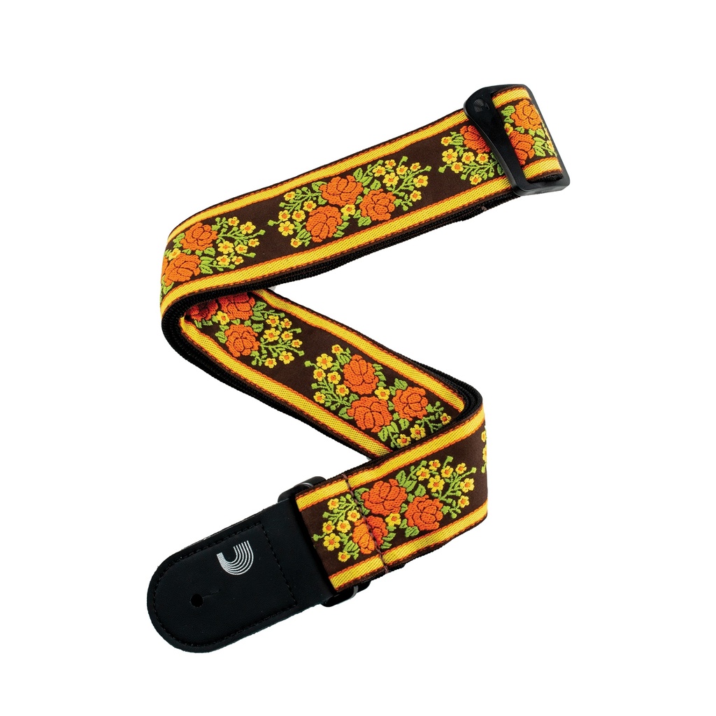 [50PCLV03] D'Addario Woven Guitar Strap Peace Love Brown and Yellow