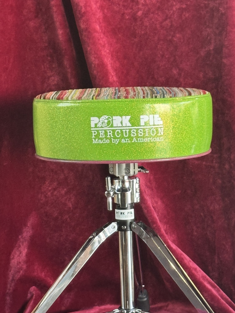Pork Pie Percussion Round Throne - Green Sparkle Side w/ Multi-Color Cloth/Textured Top