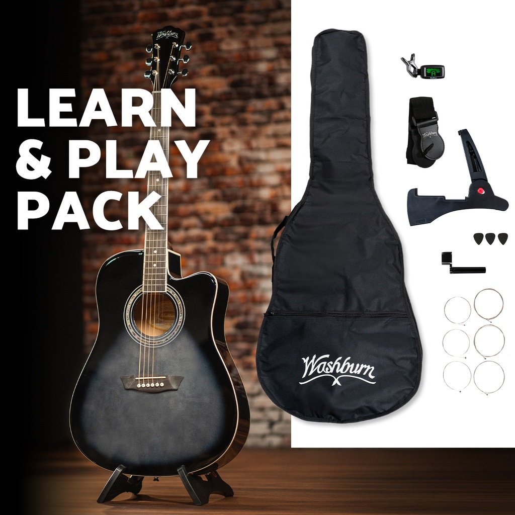 [WA90CETBBPACK] Washburn WA90CETBBPACK Learn & Play Pack Acoustic Electric Guitar Bundle. Transparent Black Burst (Floor Model)